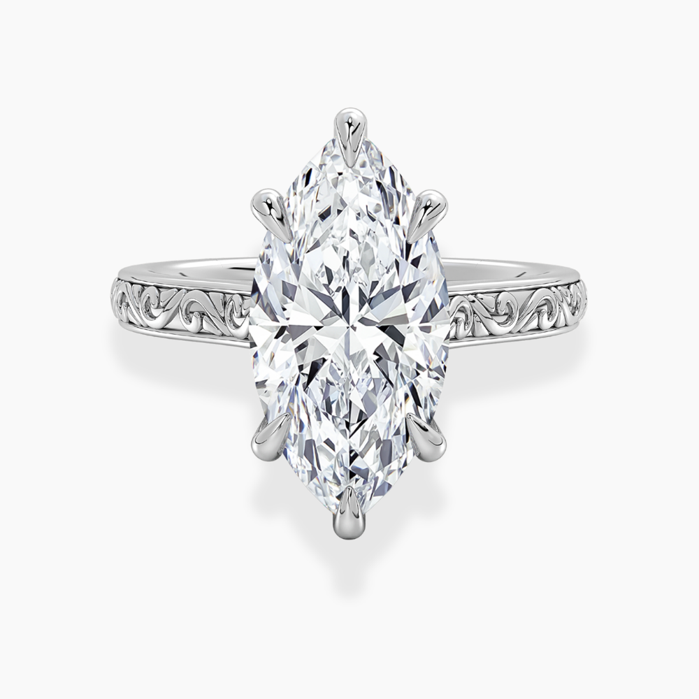 Melodica Engraved Cathedral Shank Hidden Halo Marquise Lab Grown Diamond Engagement Ring 18K Gold