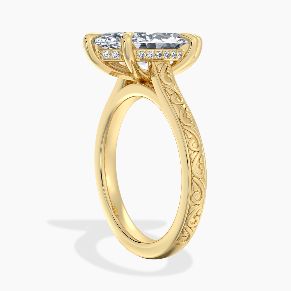 Melodica Engraved Cathedral Shank Hidden Halo Marquise Lab Grown Diamond Engagement Ring 18K Gold