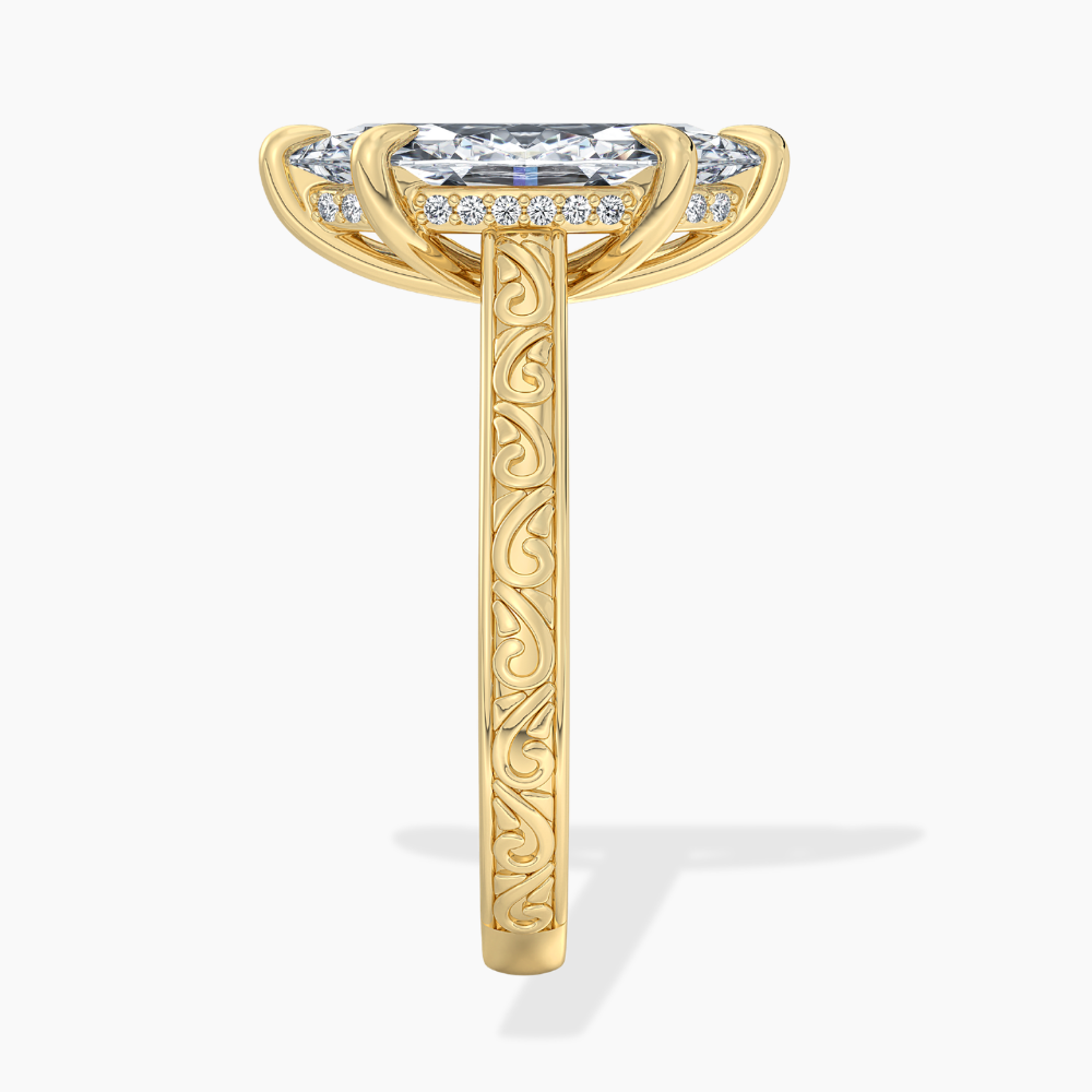 Melodica Engraved Cathedral Shank Hidden Halo Marquise Lab Grown Diamond Engagement Ring 18K Gold