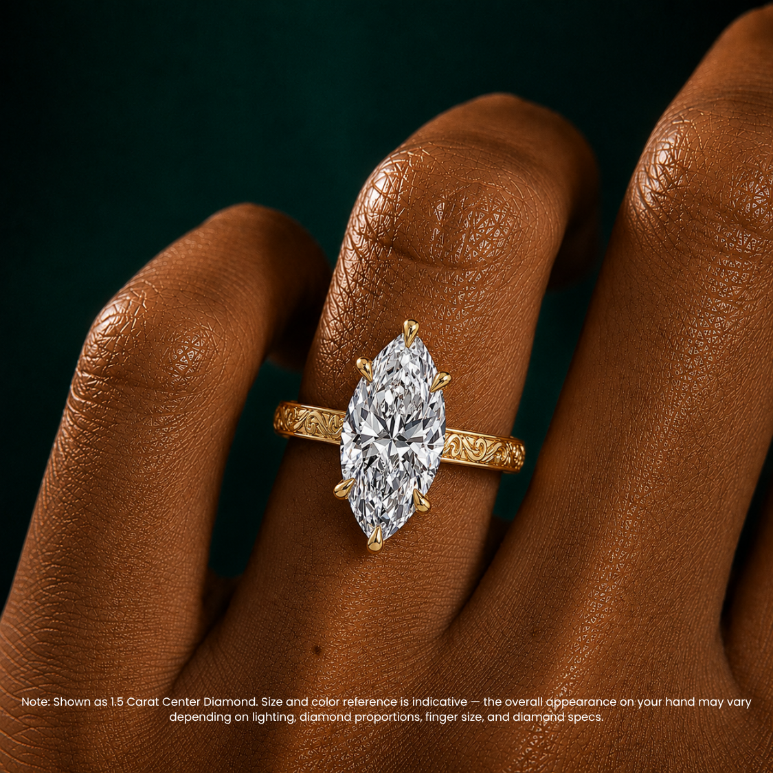 Melodica Engraved Cathedral Shank Hidden Halo Marquise Lab Grown Diamond Engagement Ring 18K Gold