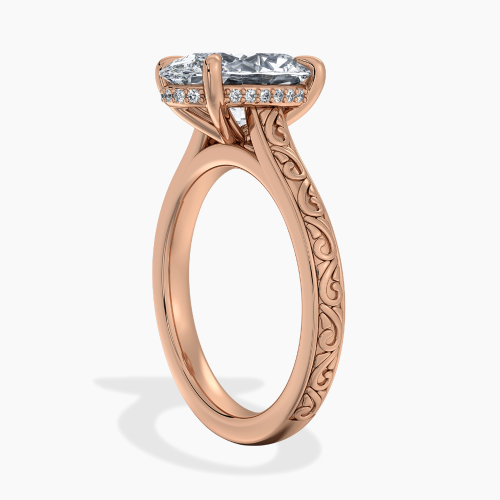 Melodica Engraved Cathedral Shank Hidden Halo Oval Lab Grown Diamond Engagement Ring 18K Gold