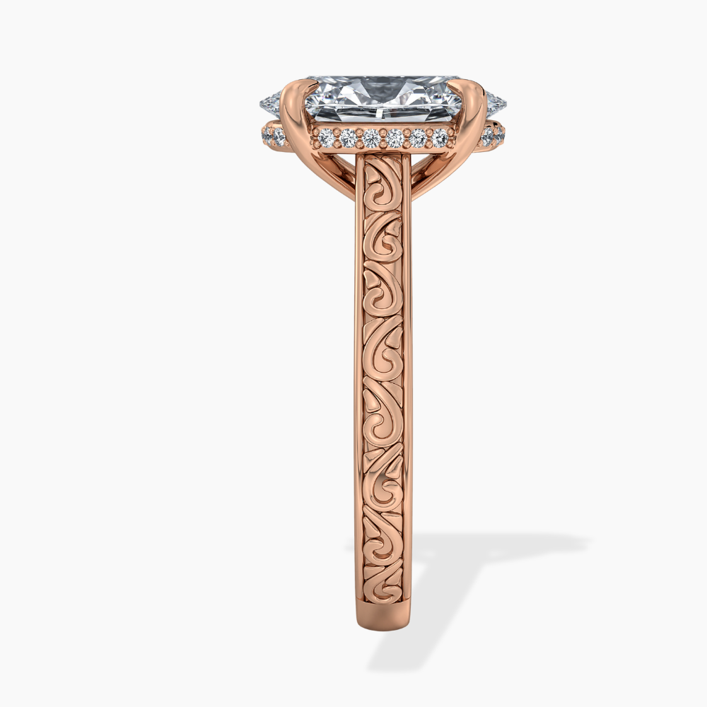 Melodica Engraved Cathedral Shank Hidden Halo Oval Lab Grown Diamond Engagement Ring 18K Gold