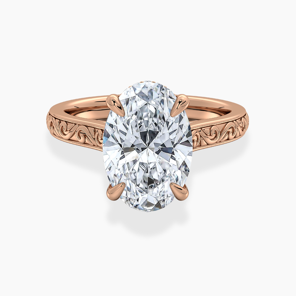 Melodica Engraved Cathedral Shank Hidden Halo Oval Lab Grown Diamond Engagement Ring 18K Gold