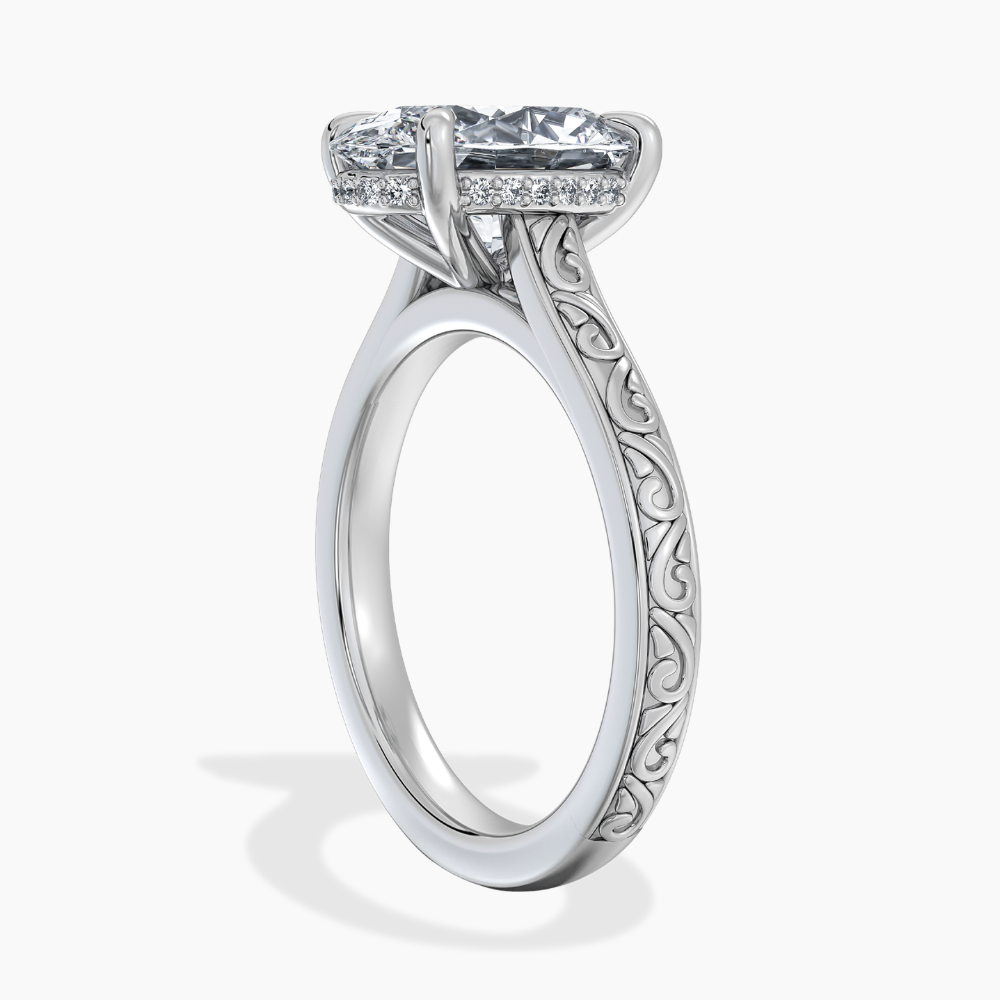 Melodica Engraved Cathedral Shank Hidden Halo Oval Lab Grown Diamond Engagement Ring 18K Gold