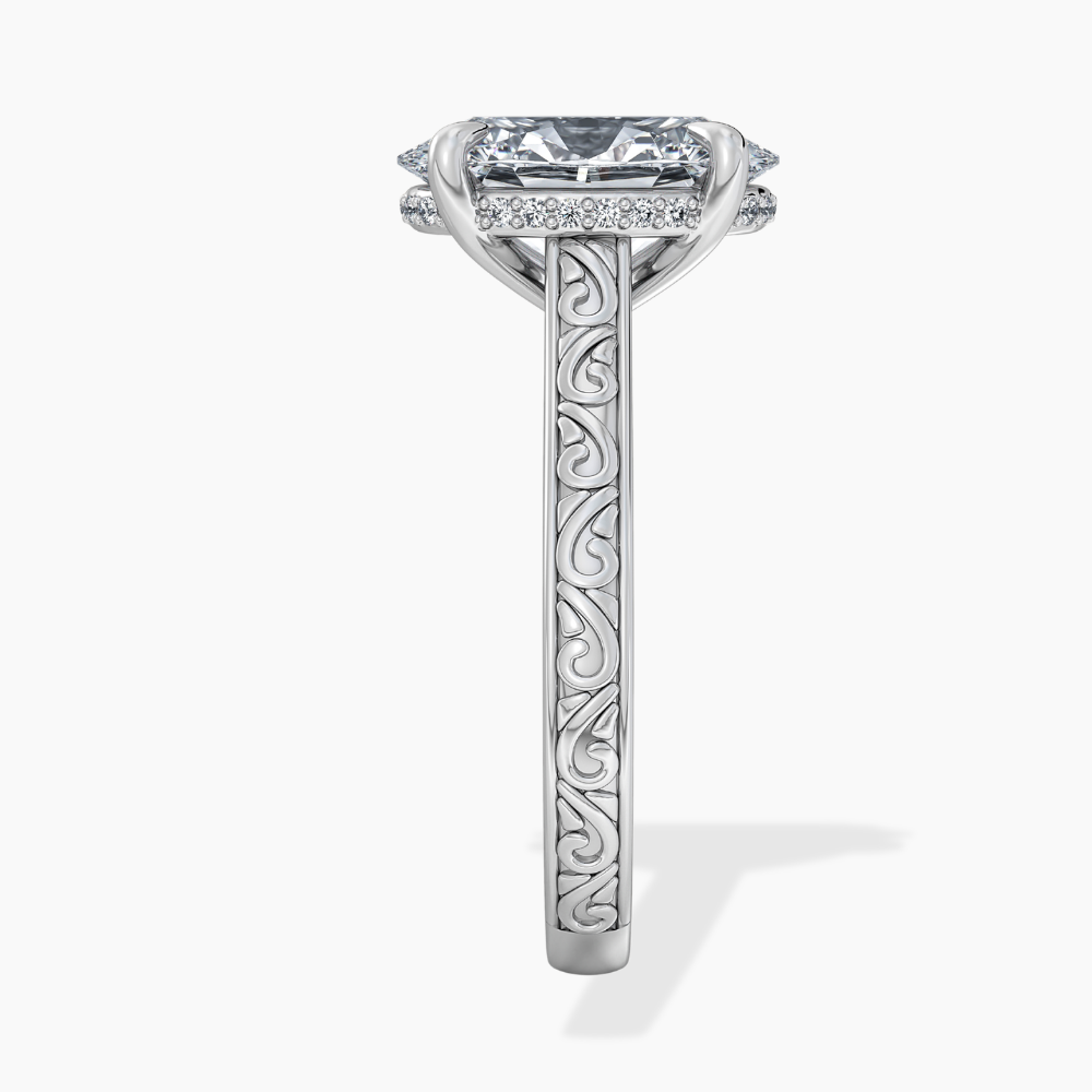 Melodica Engraved Cathedral Shank Hidden Halo Oval Lab Grown Diamond Engagement Ring 18K Gold