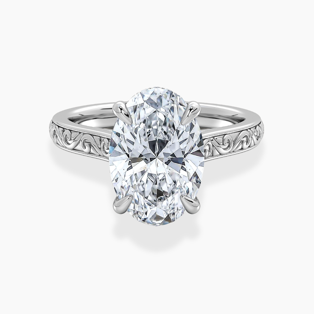 Melodica Engraved Cathedral Shank Hidden Halo Oval Lab Grown Diamond Engagement Ring 18K Gold