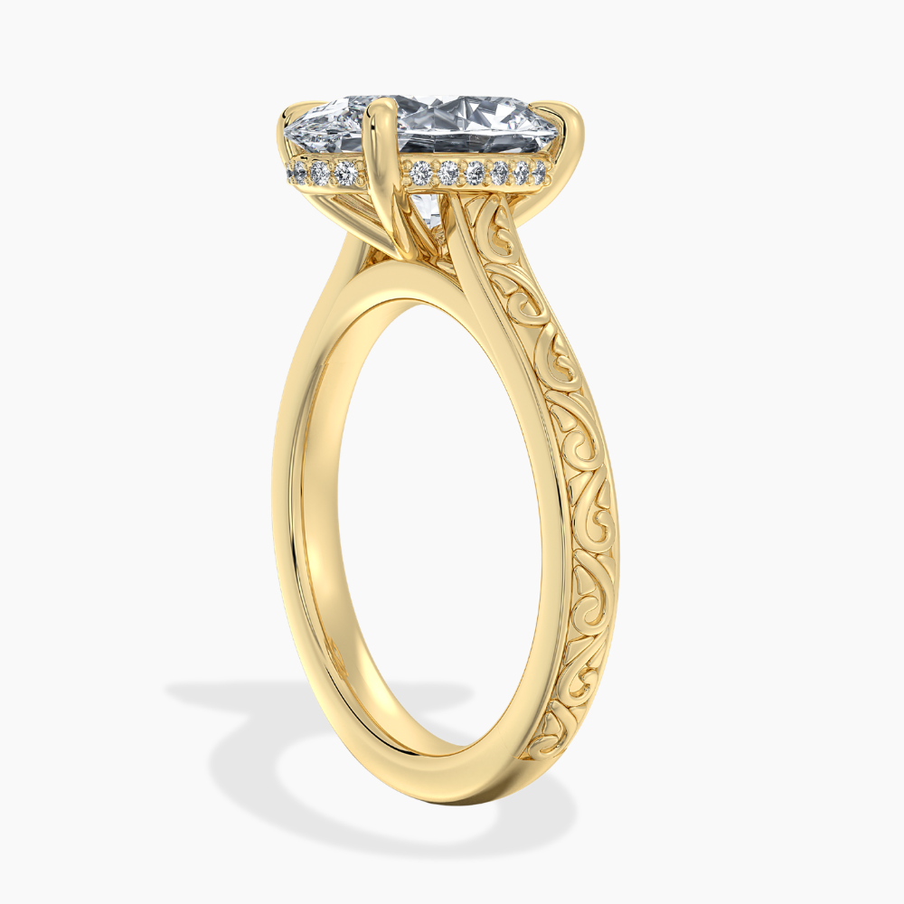 Melodica Engraved Cathedral Shank Hidden Halo Oval Lab Grown Diamond Engagement Ring 18K Gold