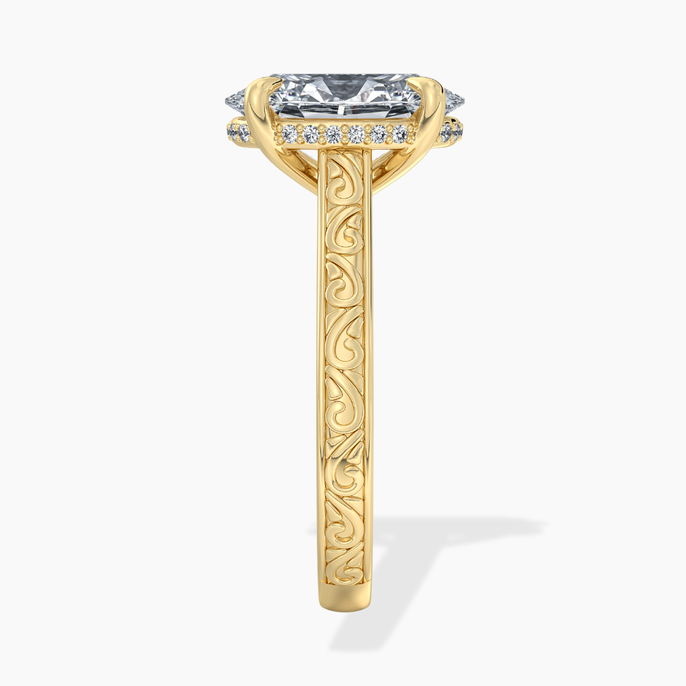 Melodica Engraved Cathedral Shank Hidden Halo Oval Lab Grown Diamond Engagement Ring 18K Gold