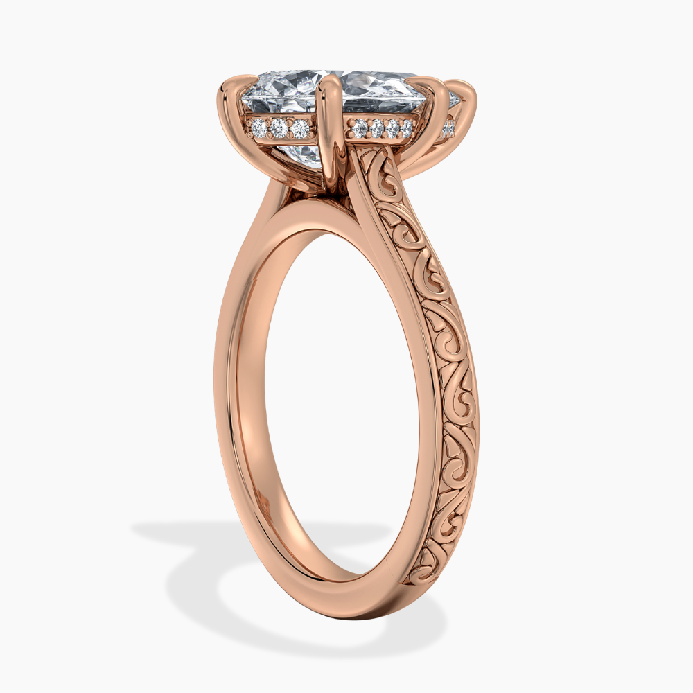 Melodica Engraved Cathedral Shank Hidden Halo Pear Lab Grown Diamond Engagement Ring 18K Gold