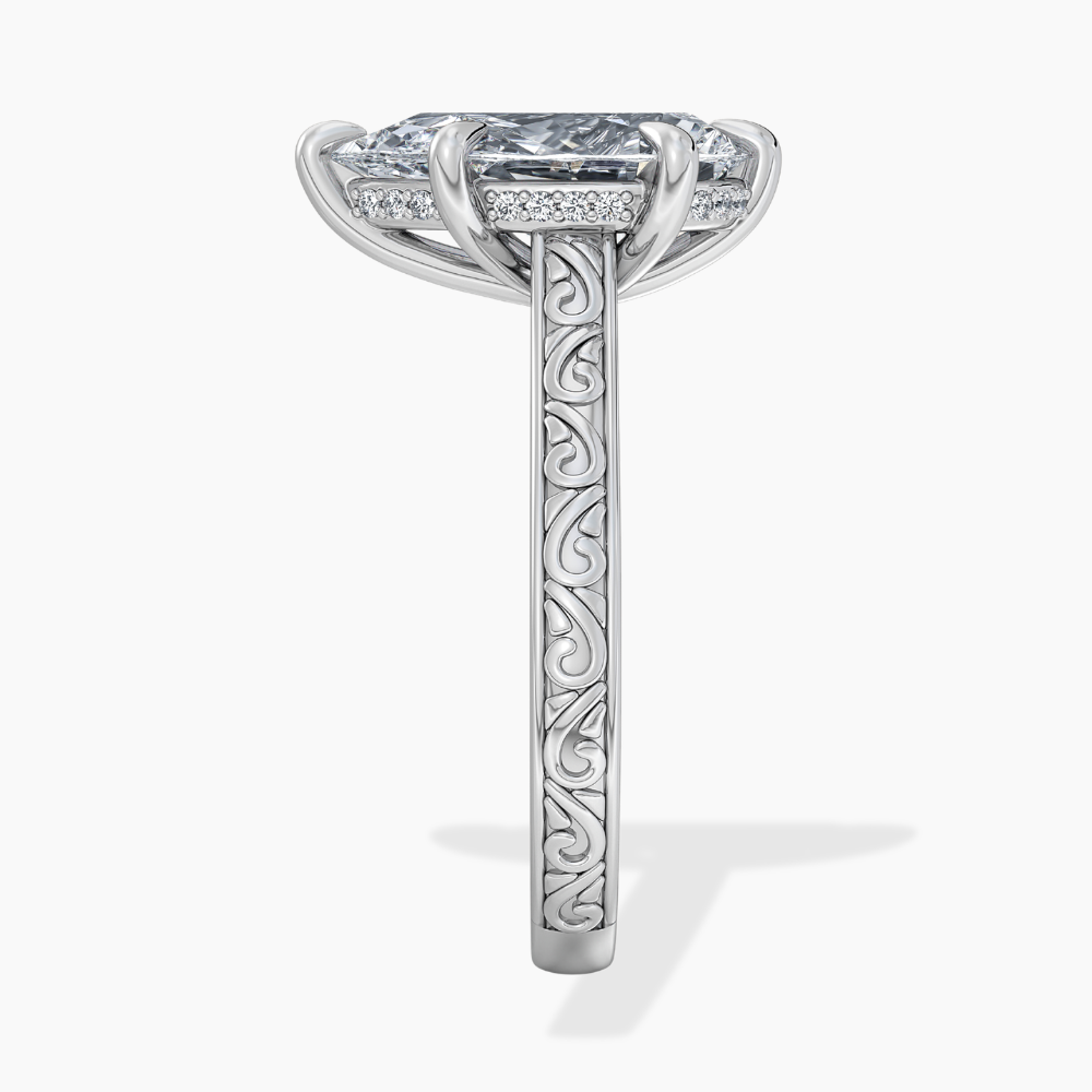 Melodica Engraved Cathedral Shank Hidden Halo Pear Lab Grown Diamond Engagement Ring 18K Gold