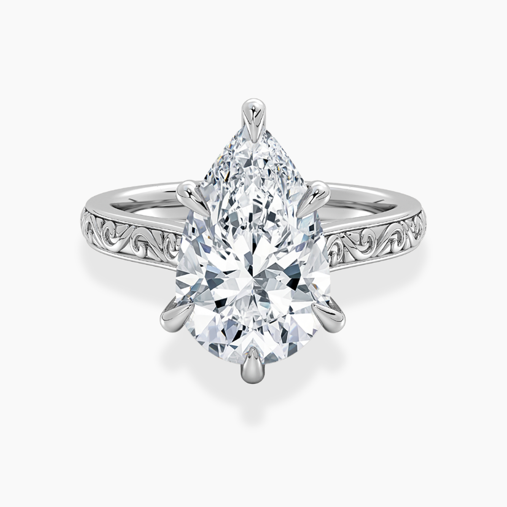 Melodica Engraved Cathedral Shank Hidden Halo Pear Lab Grown Diamond Engagement Ring 18K Gold