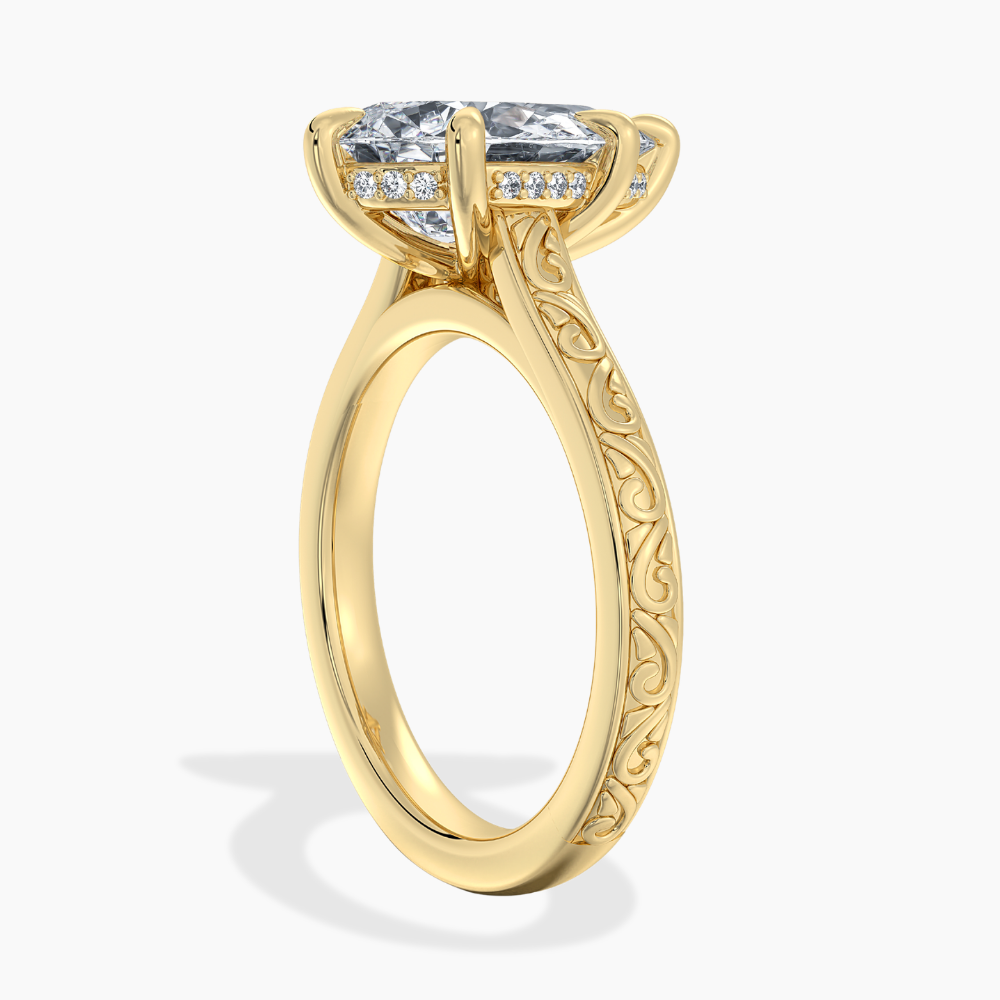 Melodica Engraved Cathedral Shank Hidden Halo Pear Lab Grown Diamond Engagement Ring 18K Gold