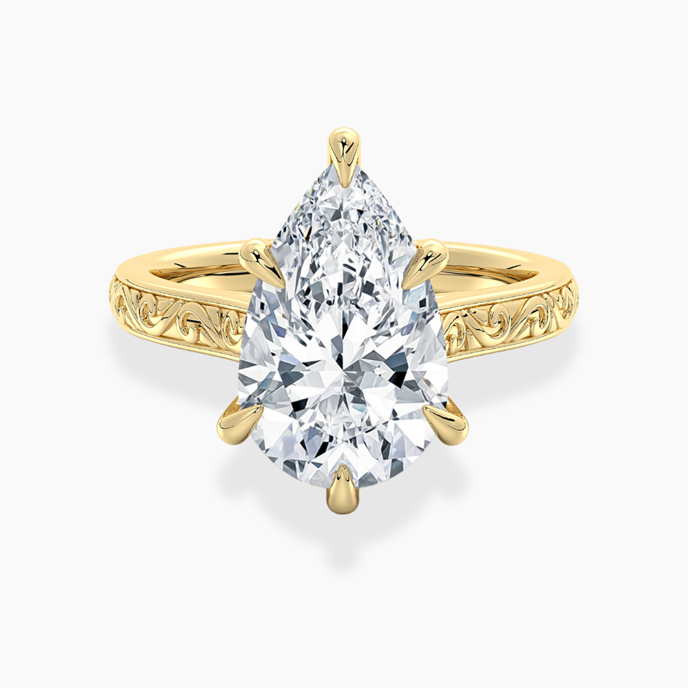 Melodica Engraved Cathedral Shank Hidden Halo Pear Lab Grown Diamond Engagement Ring 18K Gold