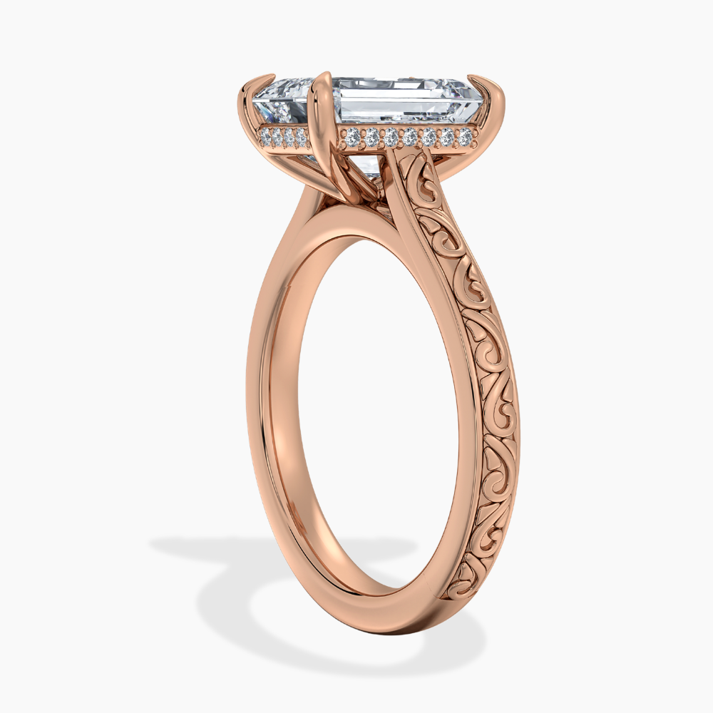 Melodica Engraved Cathedral Shank Hidden Halo Radiant Lab Grown Diamond Engagement Ring 18K Gold