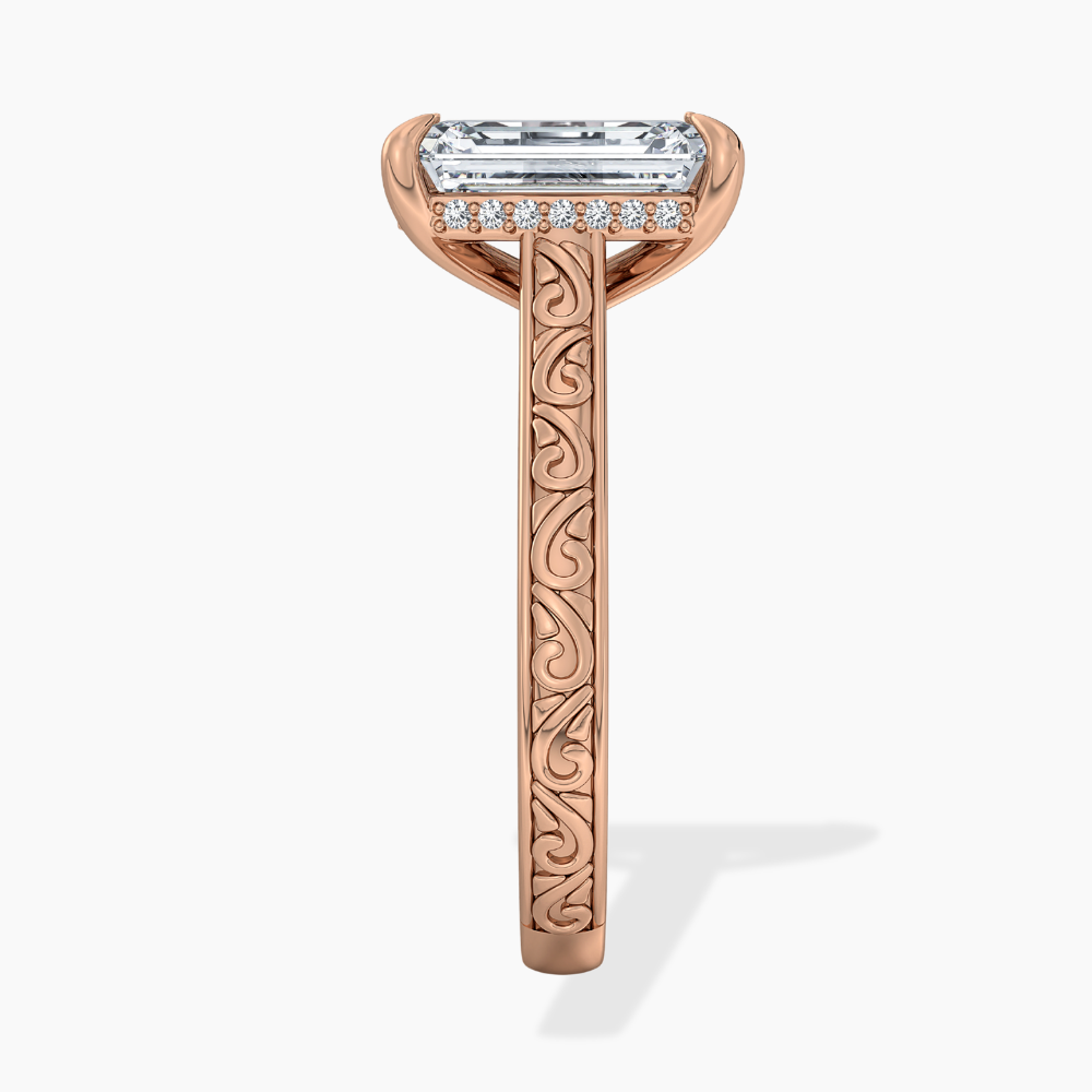 Melodica Engraved Cathedral Shank Hidden Halo Radiant Lab Grown Diamond Engagement Ring 18K Gold