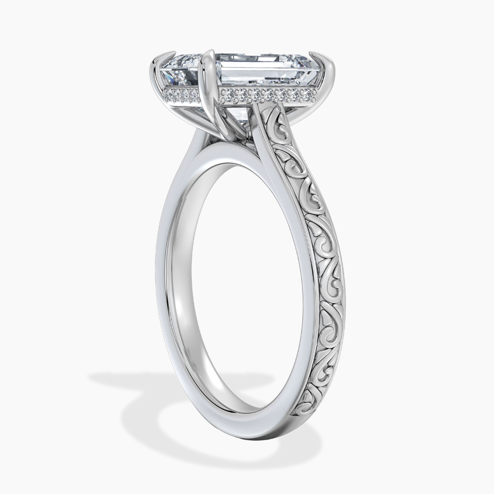 Melodica Engraved Cathedral Shank Hidden Halo Radiant Lab Grown Diamond Engagement Ring 18K Gold