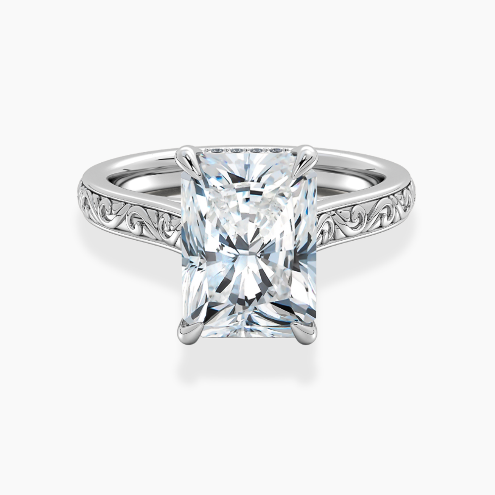 Melodica Engraved Cathedral Shank Hidden Halo Radiant Lab Grown Diamond Engagement Ring 18K Gold