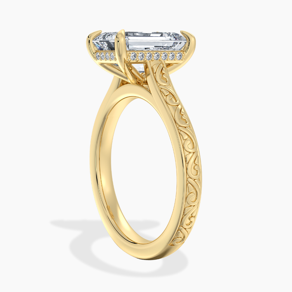 Melodica Engraved Cathedral Shank Hidden Halo Radiant Lab Grown Diamond Engagement Ring 18K Gold