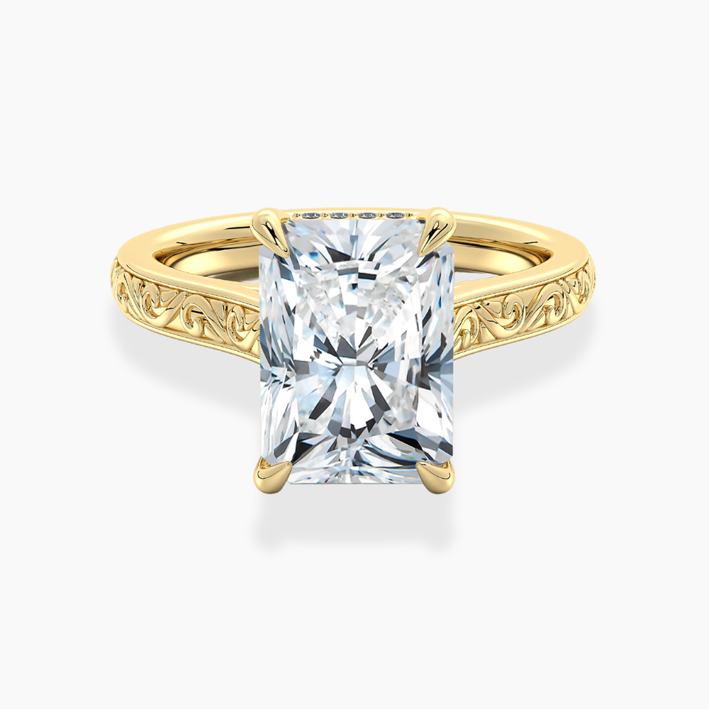Melodica Engraved Cathedral Shank Hidden Halo Radiant Lab Grown Diamond Engagement Ring 18K Gold