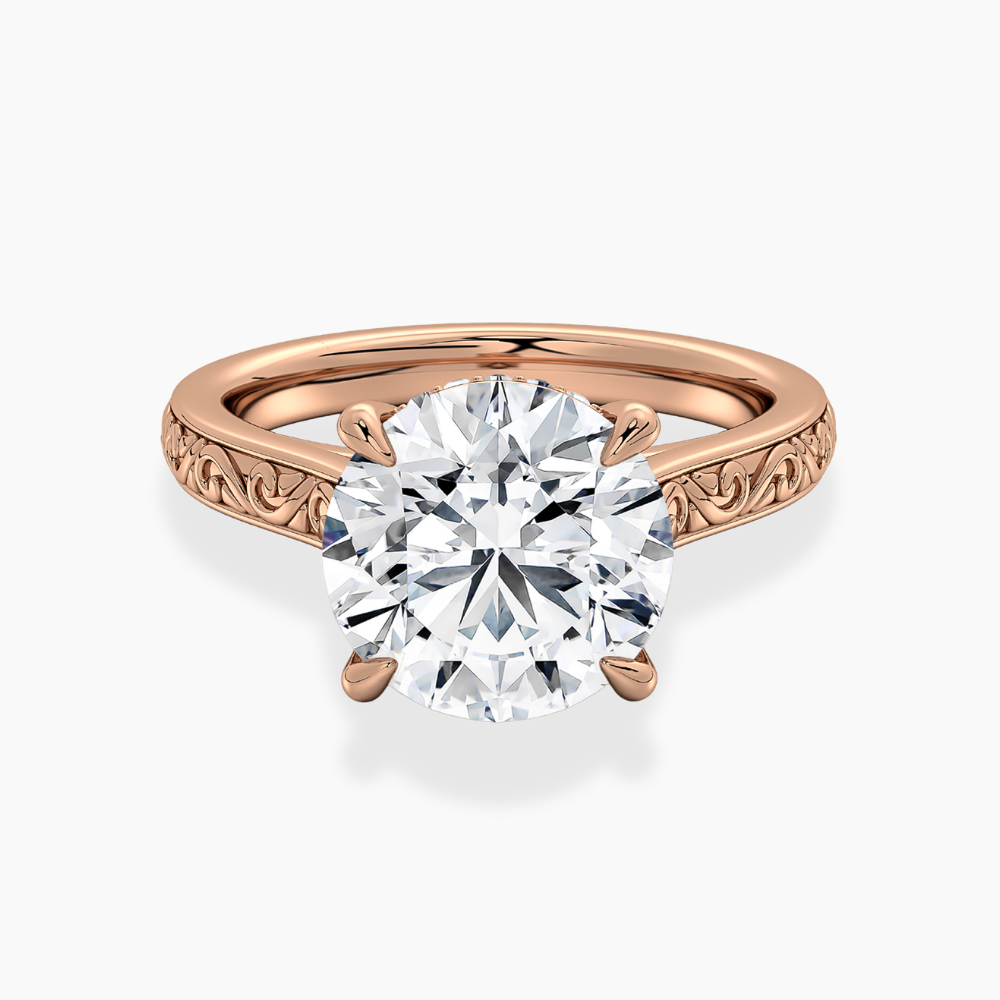Melodica Engraved Cathedral Shank Hidden Halo Round Lab Grown Diamond Engagement Ring 18K Gold