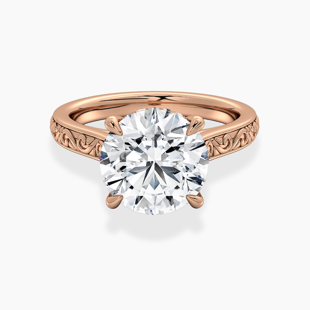 Melodica Engraved Cathedral Shank Hidden Halo Round Lab Grown Diamond Engagement Ring 18K Gold