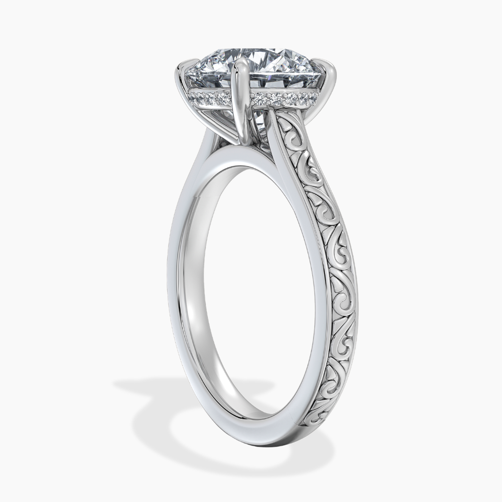 Melodica Engraved Cathedral Shank Hidden Halo Round Lab Grown Diamond Engagement Ring 18K Gold
