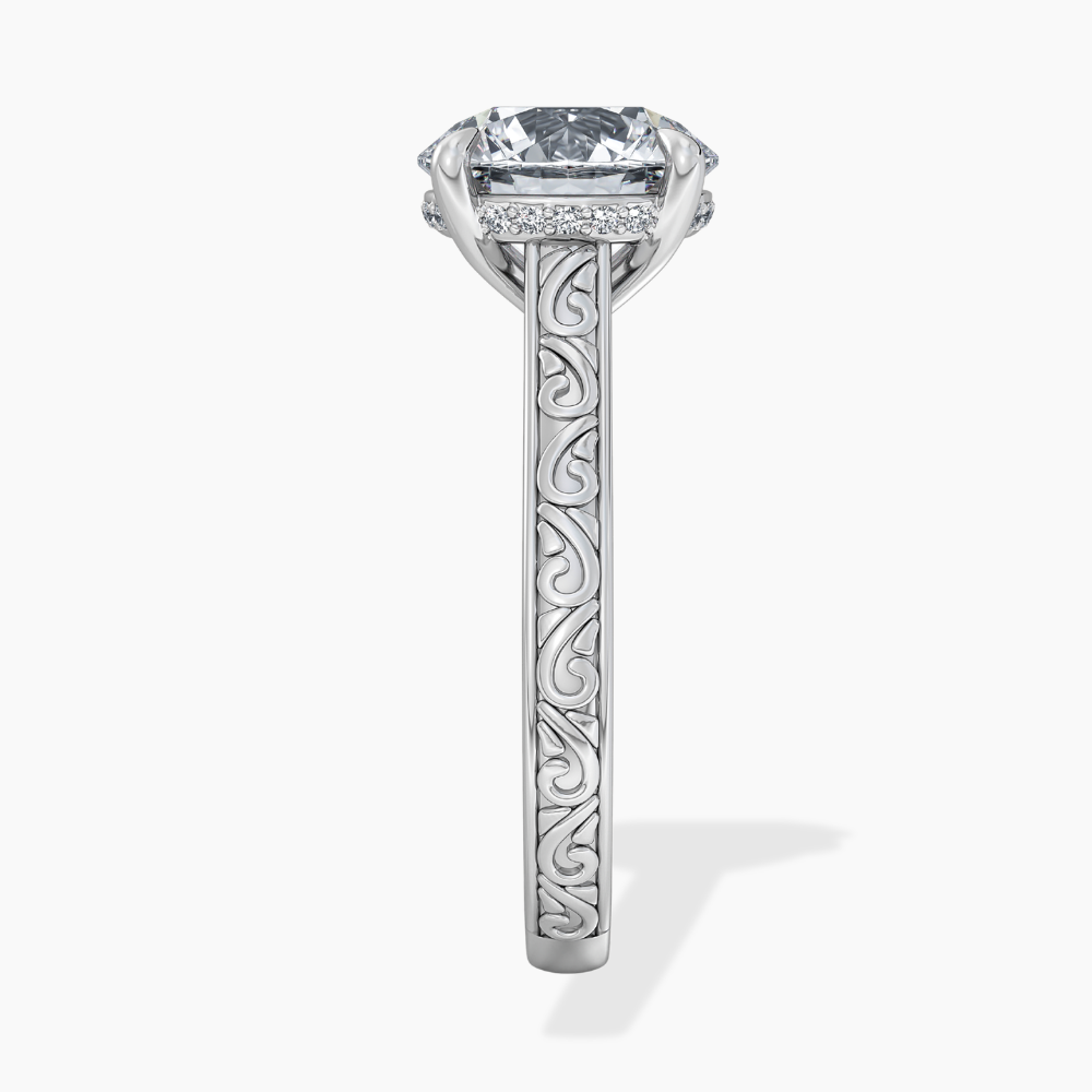 Melodica Engraved Cathedral Shank Hidden Halo Round Lab Grown Diamond Engagement Ring 18K Gold