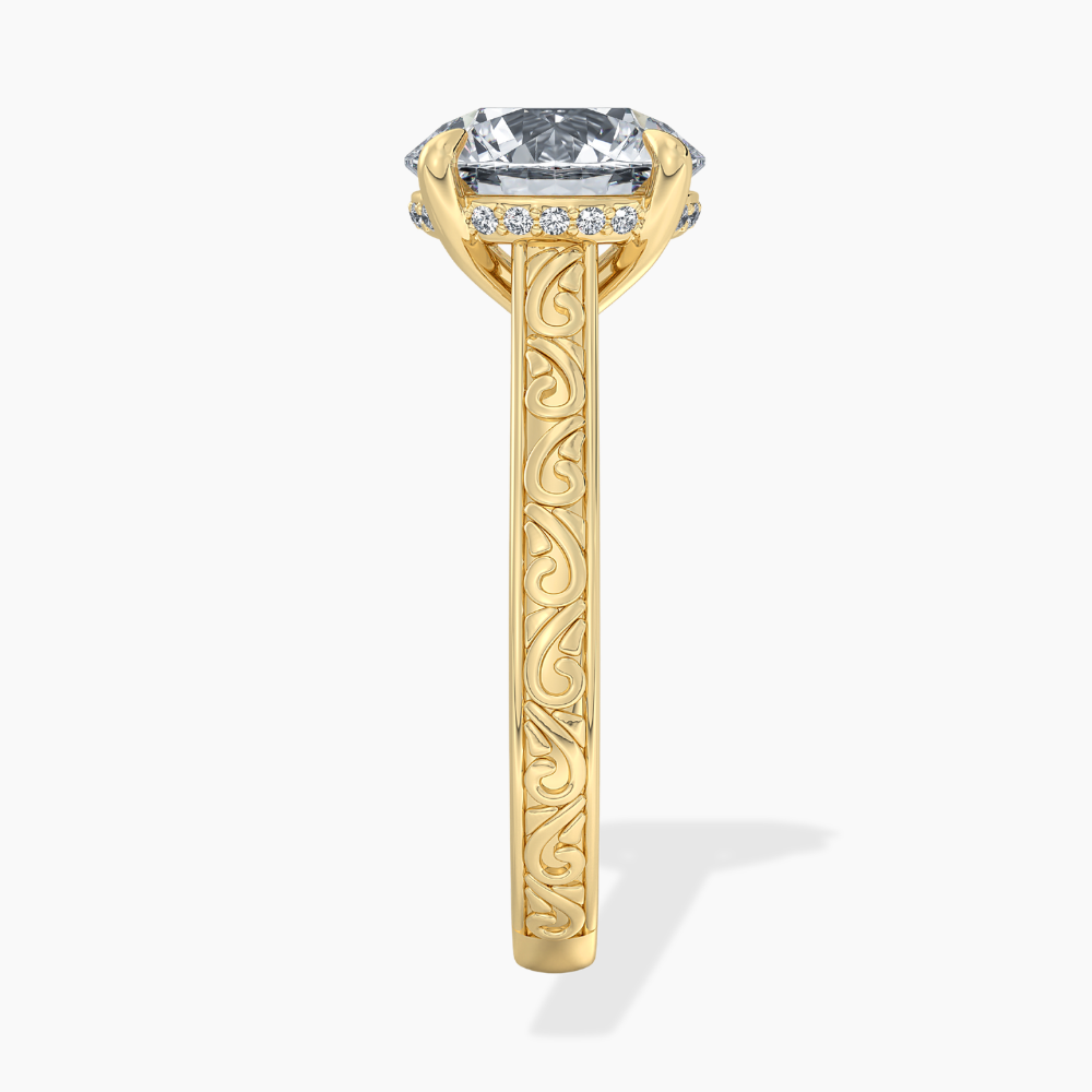 Melodica Engraved Cathedral Shank Hidden Halo Round Lab Grown Diamond Engagement Ring 18K Gold
