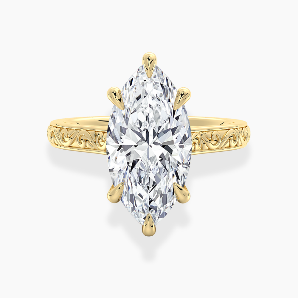 Melodica Engraved Cathedral Shank Hidden Halo Marquise Lab Grown Diamond Engagement Ring 18K Gold