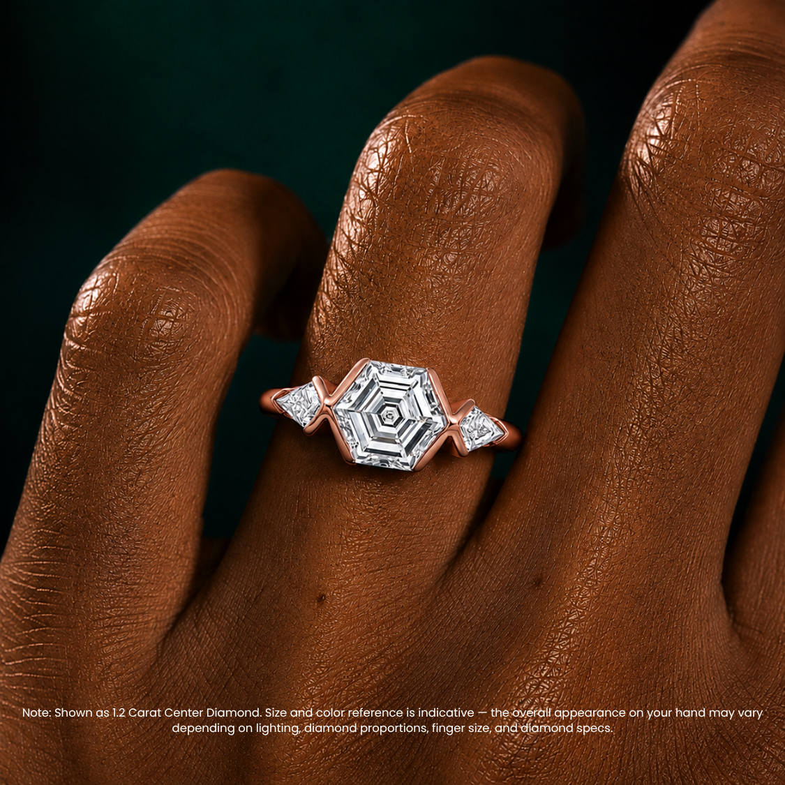 Miranda Half-Bezel Trilogy ( Kite Side Diamonds) Hexagon Lab Grown Diamond Engagement Ring in 18K Gold