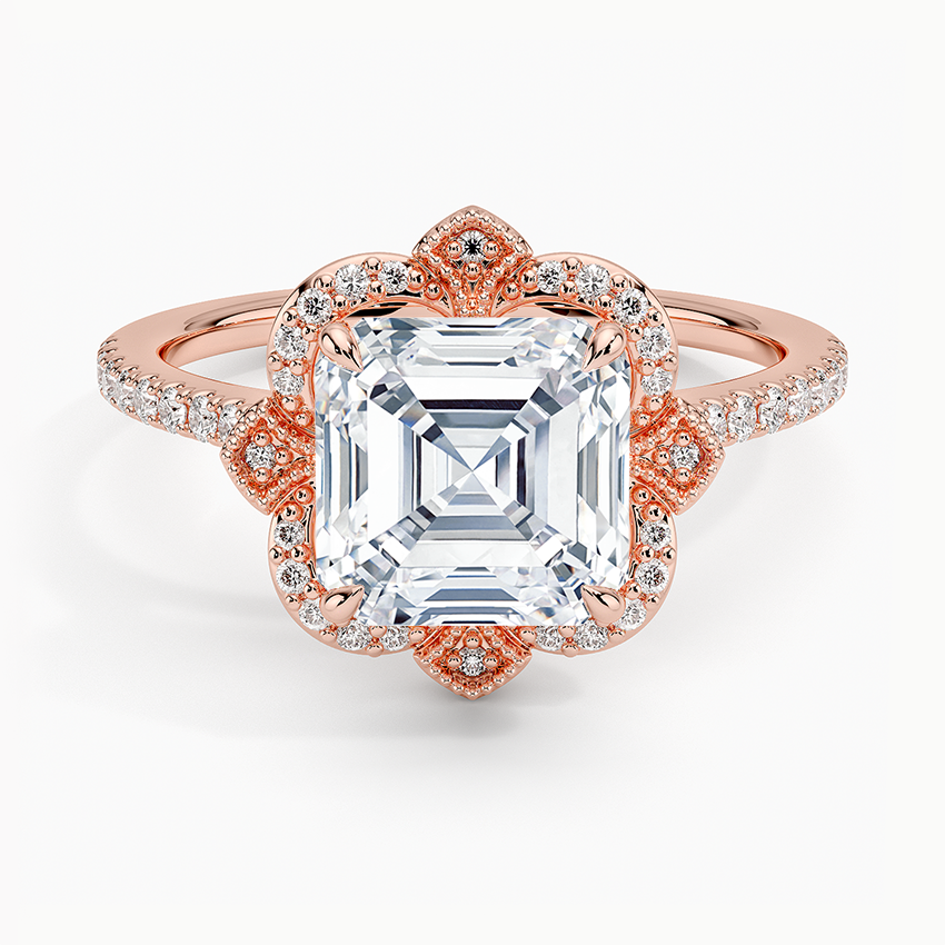 Nelly Vintage Accents (Round Side Stones) Lab Diamond Ring in 18K Gold - Asscher