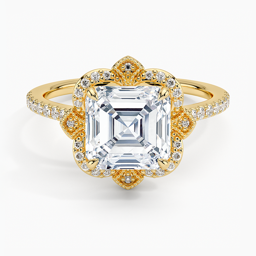 Nelly Vintage Accents (Round Side Stones) Lab Diamond Ring in 18K Gold - Asscher