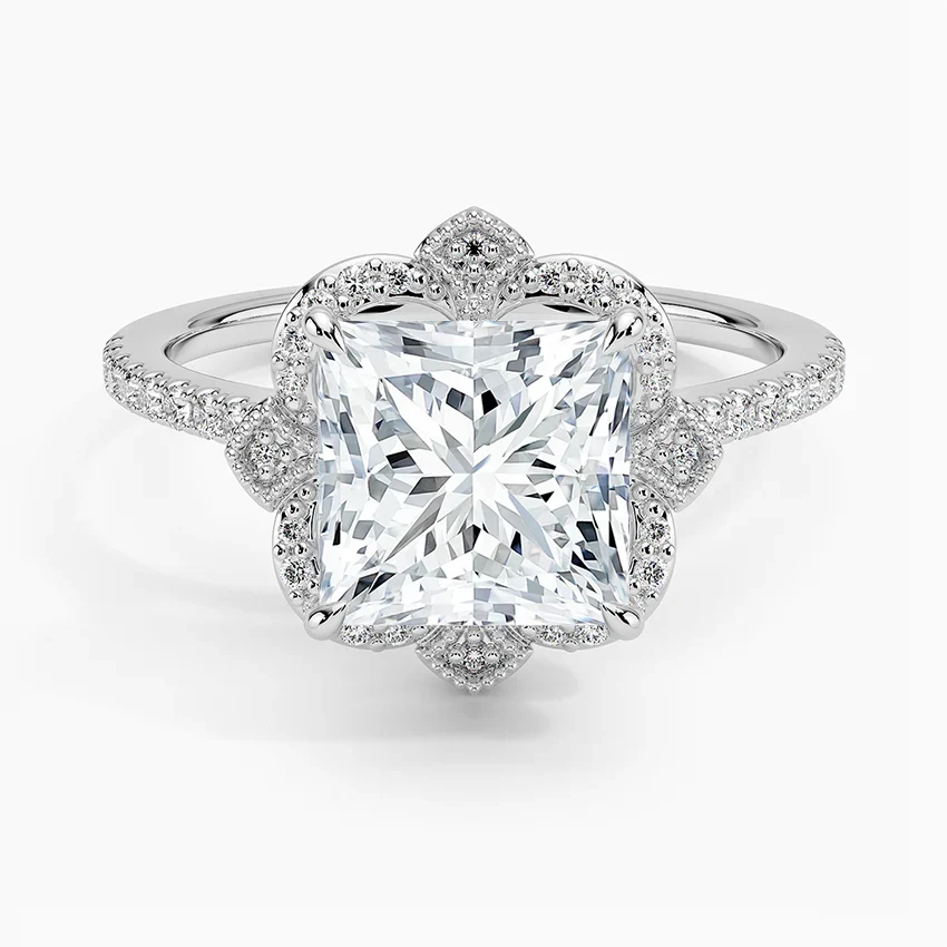 Nelly Vintage Accents (Round Side Stones) Lab Diamond Ring in 18K Gold - Princess