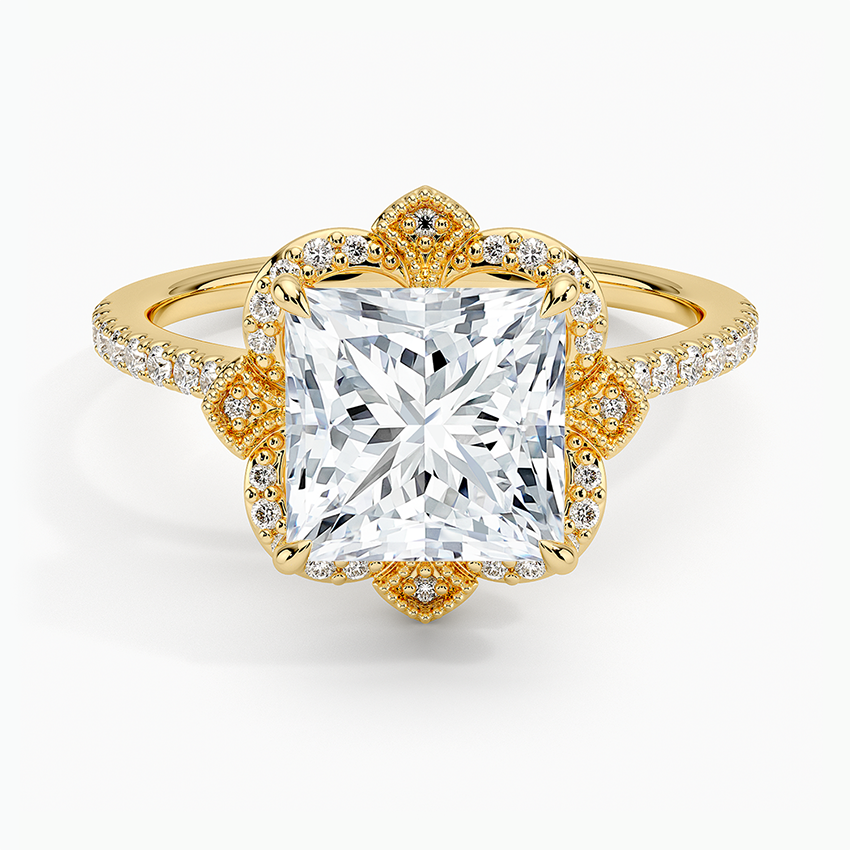 Nelly Vintage Accents (Round Side Stones) Lab Diamond Ring in 18K Gold - Princess