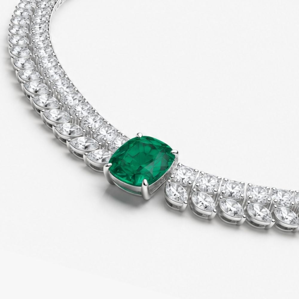 Florence High Jewellery Lab Diamond (23 Carat) and Emerald Necklace (16 in.) 18K White Gold