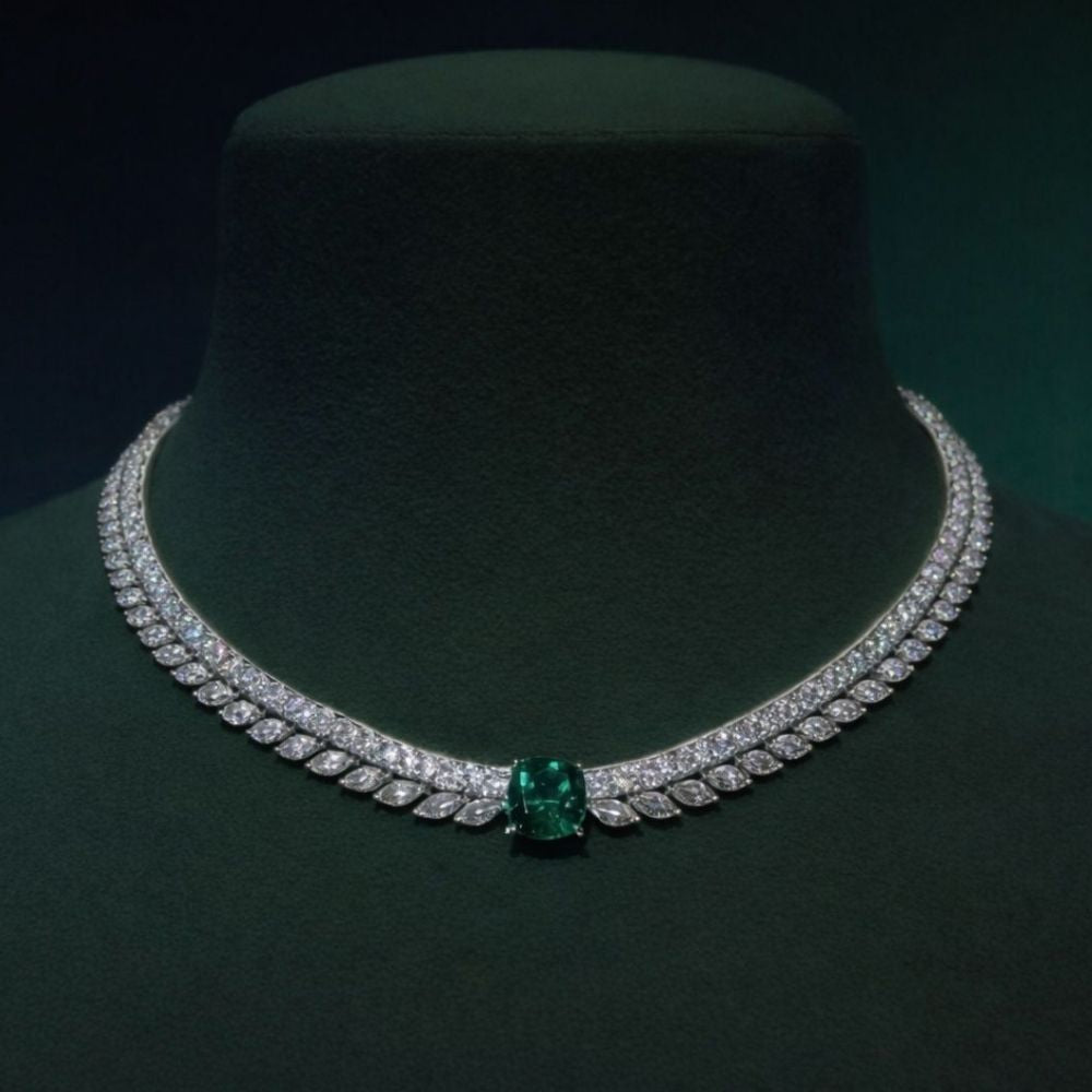 Florence High Jewellery Lab Diamond (23 Carat) and Emerald Necklace (16 in.) 18K White Gold