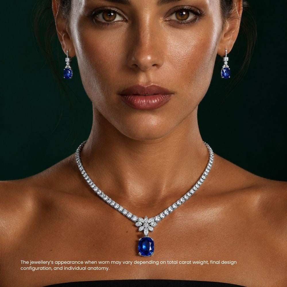 41 Carat Set Evetty High Jewellery Lab Diamond (41 Carat) and Sapphire Necklace (16 in.) and Earrings in 18K White Gold