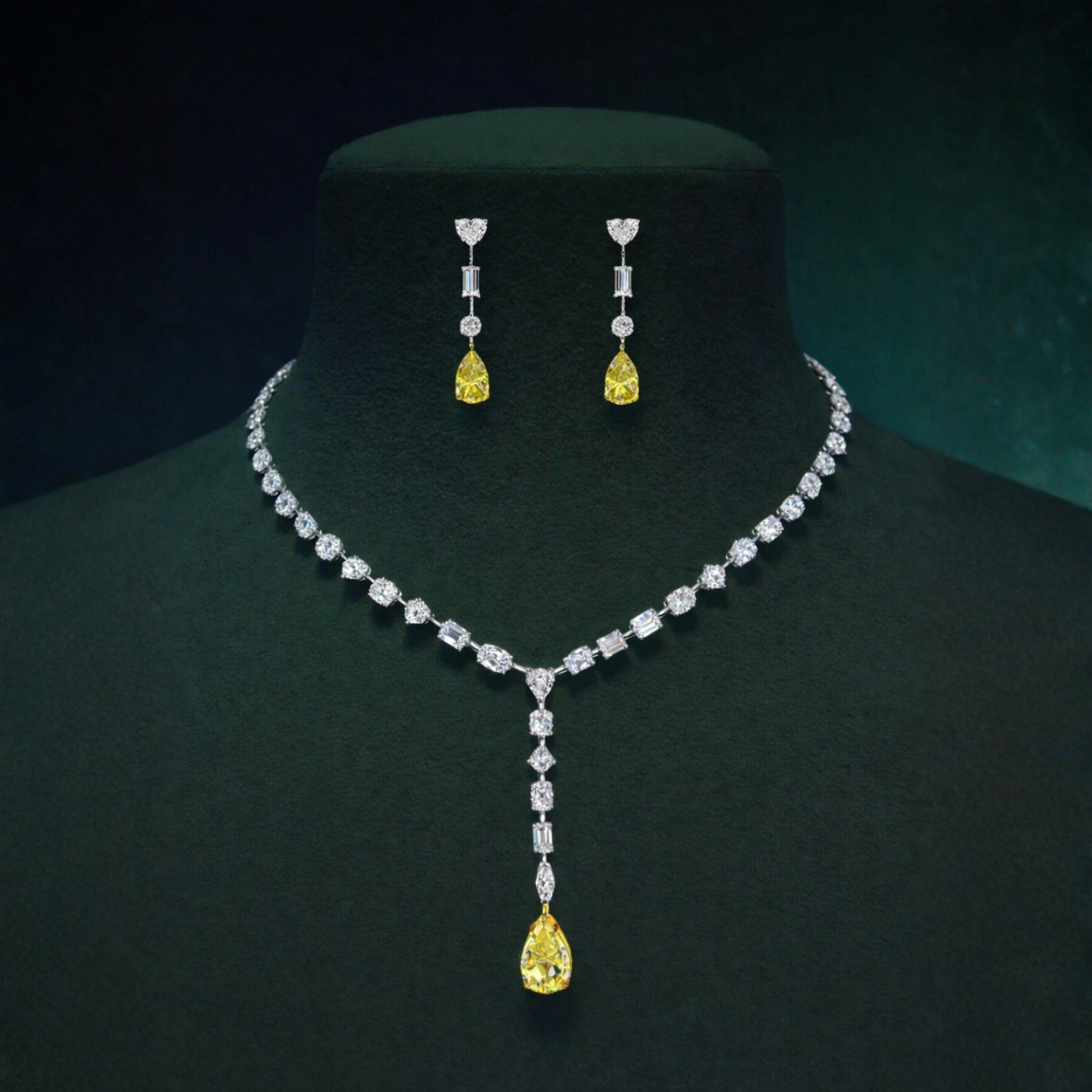 Sabina Necklace and Earrings Set (28 Carat) Multi-Shape Lab-Grown Diamond High Jewellery Set with Fancy Yellow Pear-Shaped Diamonds in 18K White Gold