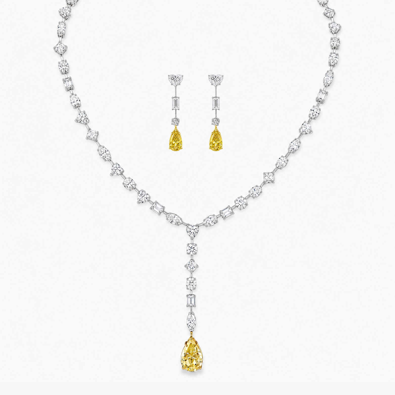 Sabina Necklace and Earrings Set (28 Carat) Multi-Shape Lab-Grown Diamond High Jewellery Set with Fancy Yellow Pear-Shaped Diamonds in 18K White Gold