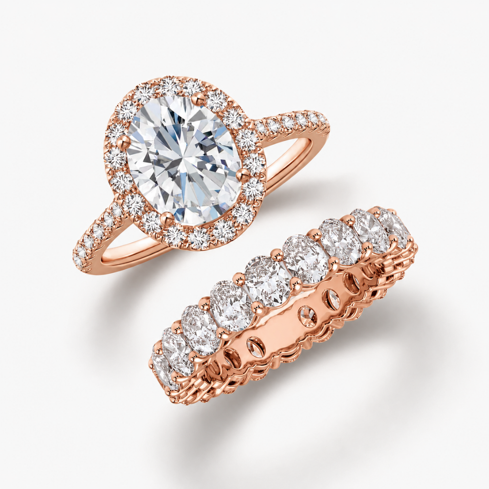 Oval Halo Pave and Oval Eternity Band Lab Grown Diamond Ring Set (2 Rings) in 18K Gold