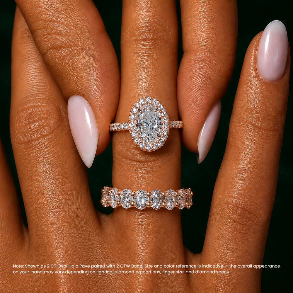 Oval Halo Pave and Oval Eternity Band Lab Grown Diamond Ring Set (2 Rings) in 18K Gold