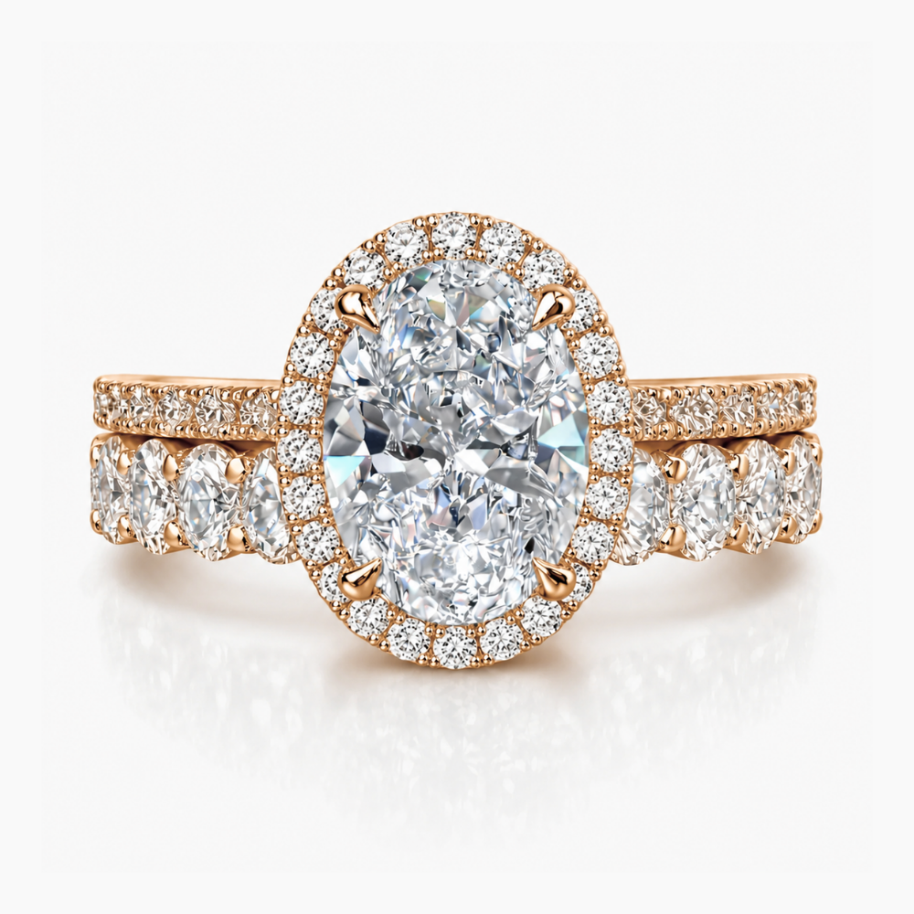 Oval Halo Pave and Oval Eternity Band Lab Grown Diamond Ring Set (2 Rings) in 18K Gold