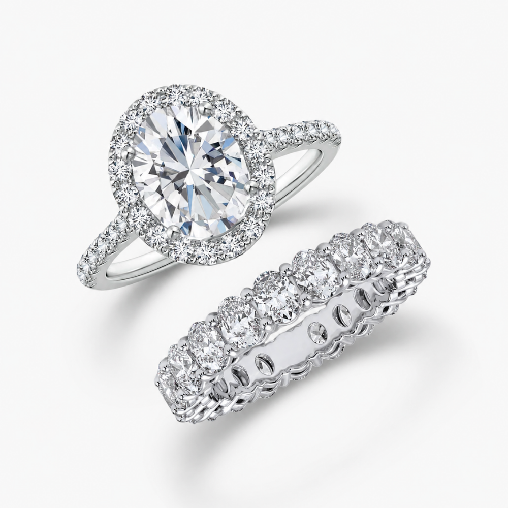 Oval Halo Pave and Oval Eternity Band Lab Grown Diamond Ring Set (2 Rings) in 18K Gold