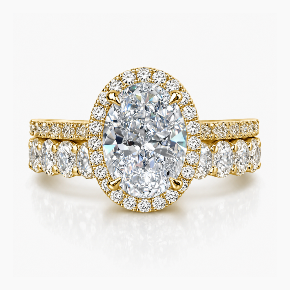 Oval Halo Pave and Oval Eternity Band Lab Grown Diamond Ring Set (2 Rings) in 18K Gold
