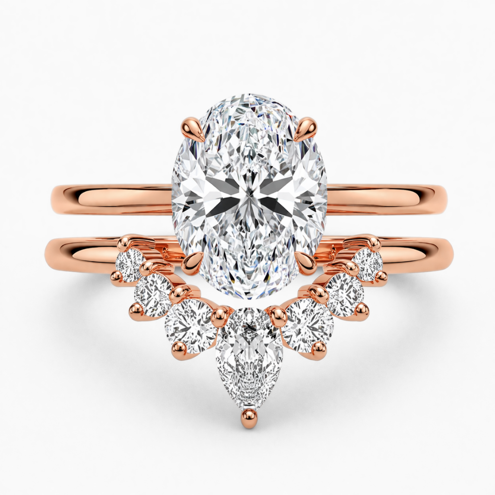 Oval Solitaire Hidden Halo and Contour Band with Pear Accent Lab Grown Diamond Ring Set (2 Rings) in 18K Gold