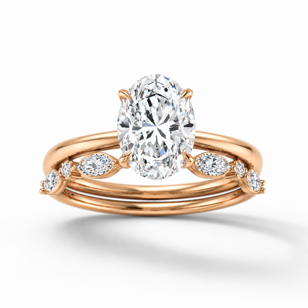 Oval Solitaire Hidden Halo and Marquise & Round Accents Band Lab Grown Diamond Ring Set (2 Rings) in 18K Gold