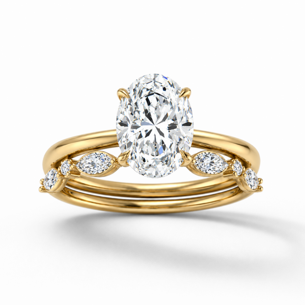 Oval Solitaire Hidden Halo and Marquise & Round Accents Band Lab Grown Diamond Ring Set (2 Rings) in 18K Gold