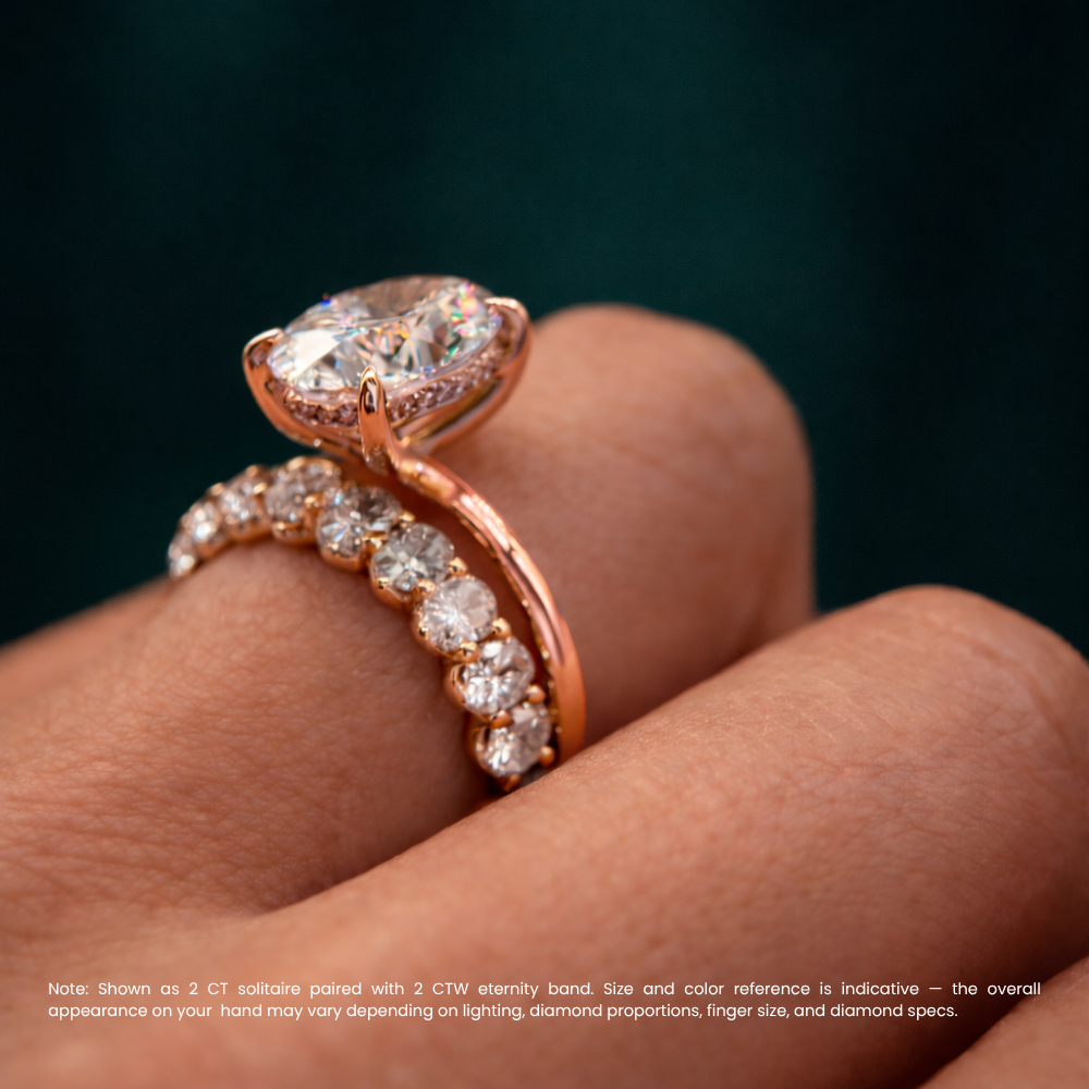 Oval Solitaire Hidden Halo and Oval Eternity Lab Grown Diamond Ring Set (2 Rings) in 18K Gold