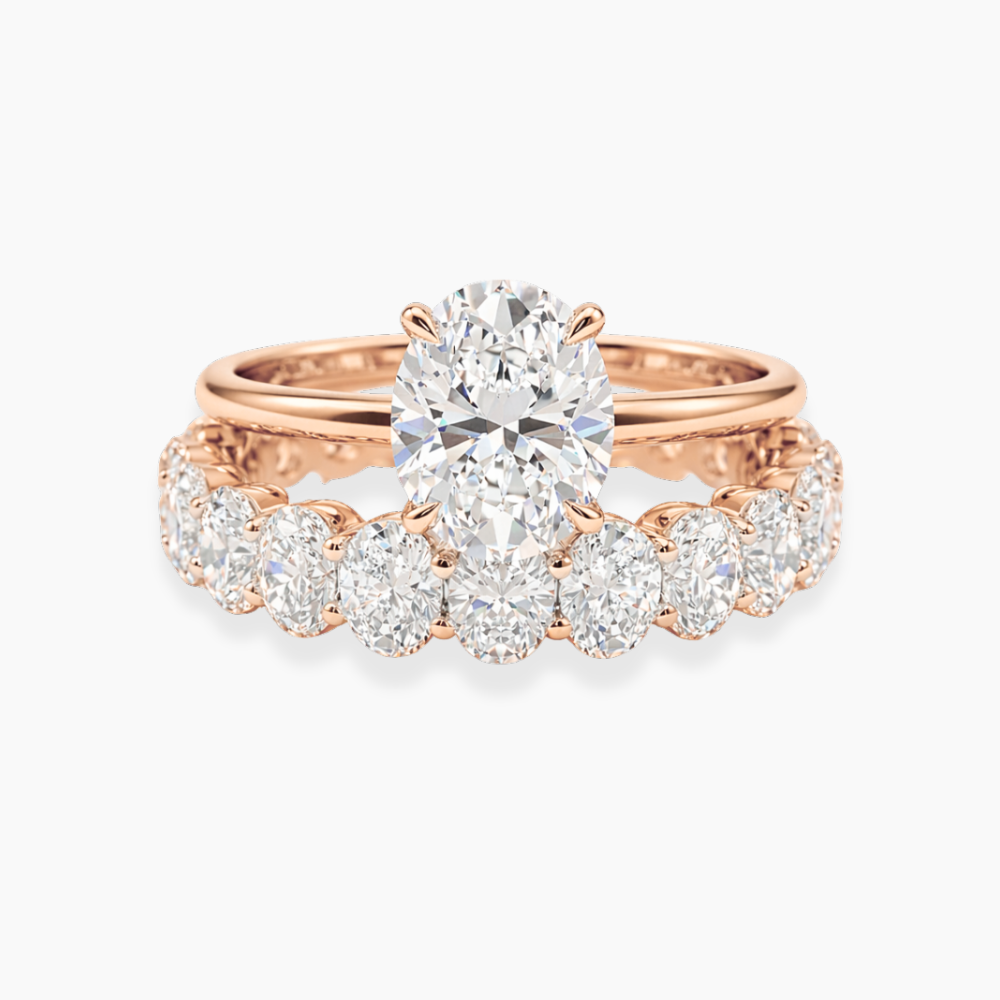 Oval Solitaire Hidden Halo and Oval Eternity Lab Grown Diamond Ring Set (2 Rings) in 18K Gold