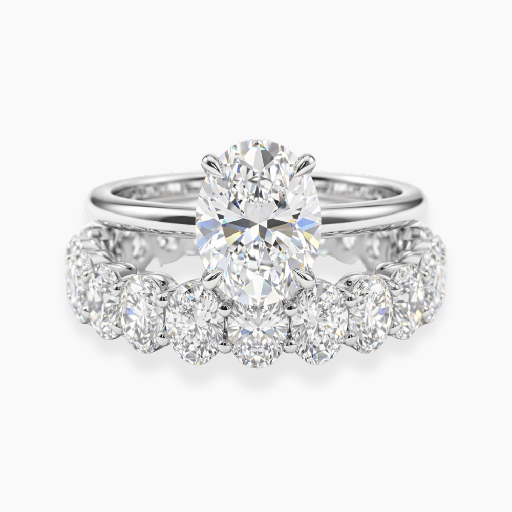 Oval Solitaire Hidden Halo and Oval Eternity Lab Grown Diamond Ring Set (2 Rings) in 18K Gold